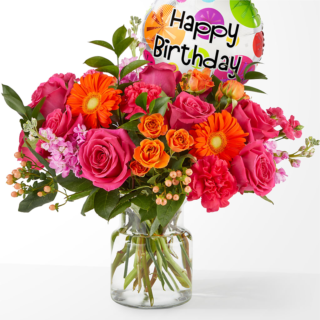Fiesta Bouquet with Birthday Balloon – Forever Flowers, Fords NJ