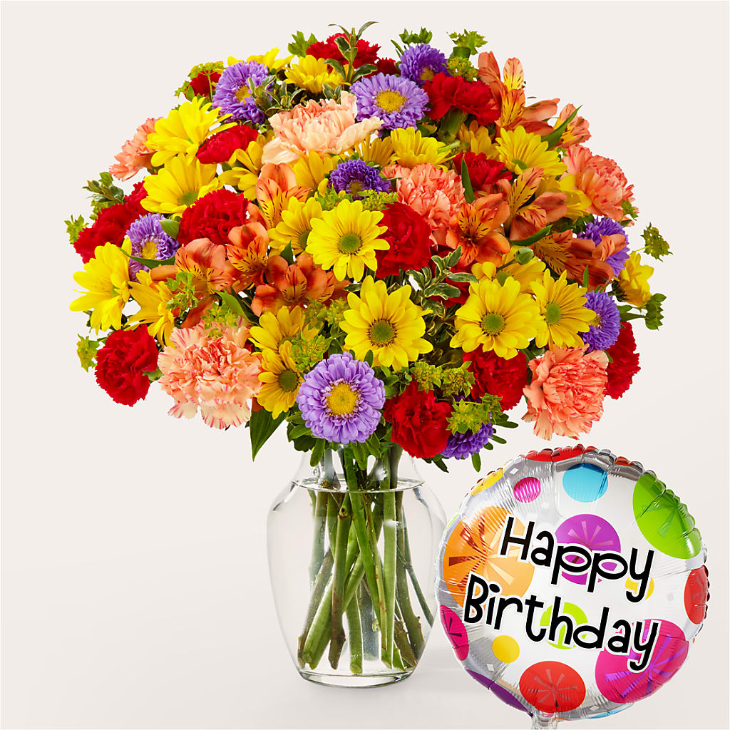 Kaleidoscope Bouquet with Birthday Balloon – Forever Flowers, Fords NJ