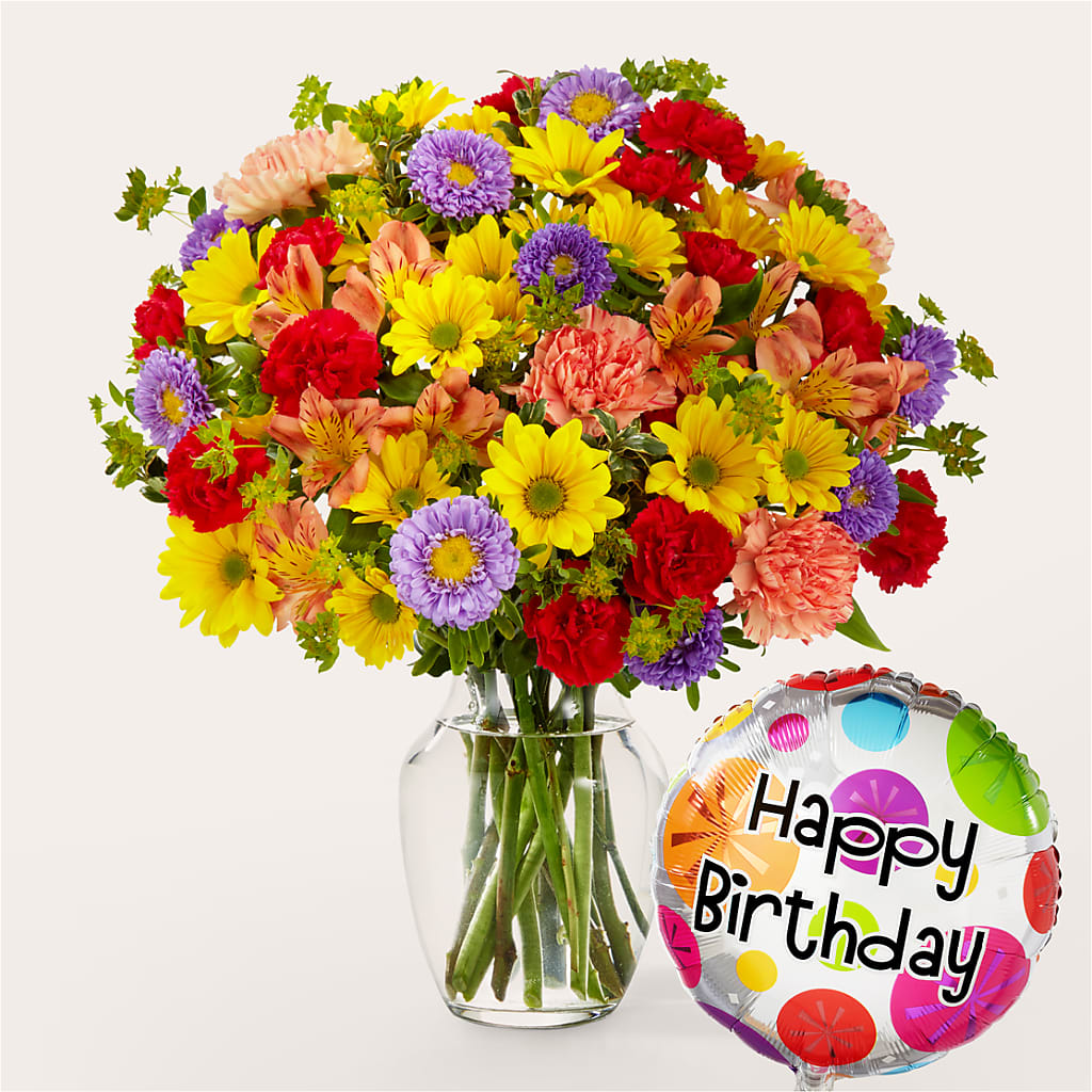 Kaleidoscope Bouquet with Birthday Balloon – Forever Flowers, Fords NJ