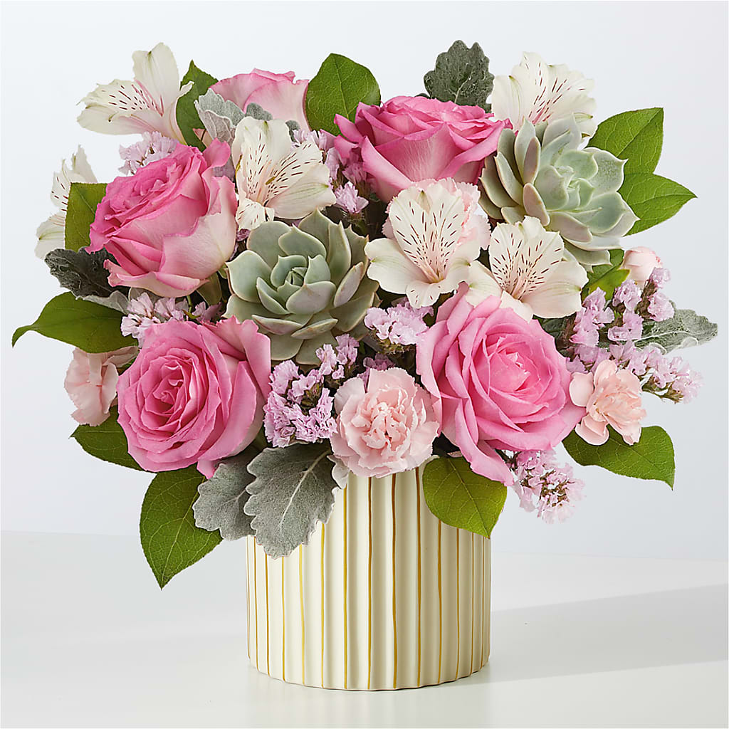 Dusty Rose Bouquet with Ivory Vase – Forever Flowers, Fords NJ