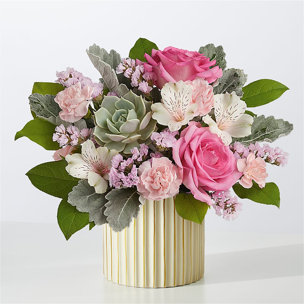 Dusty Rose Bouquet with Ivory Vase – Forever Flowers, Fords NJ