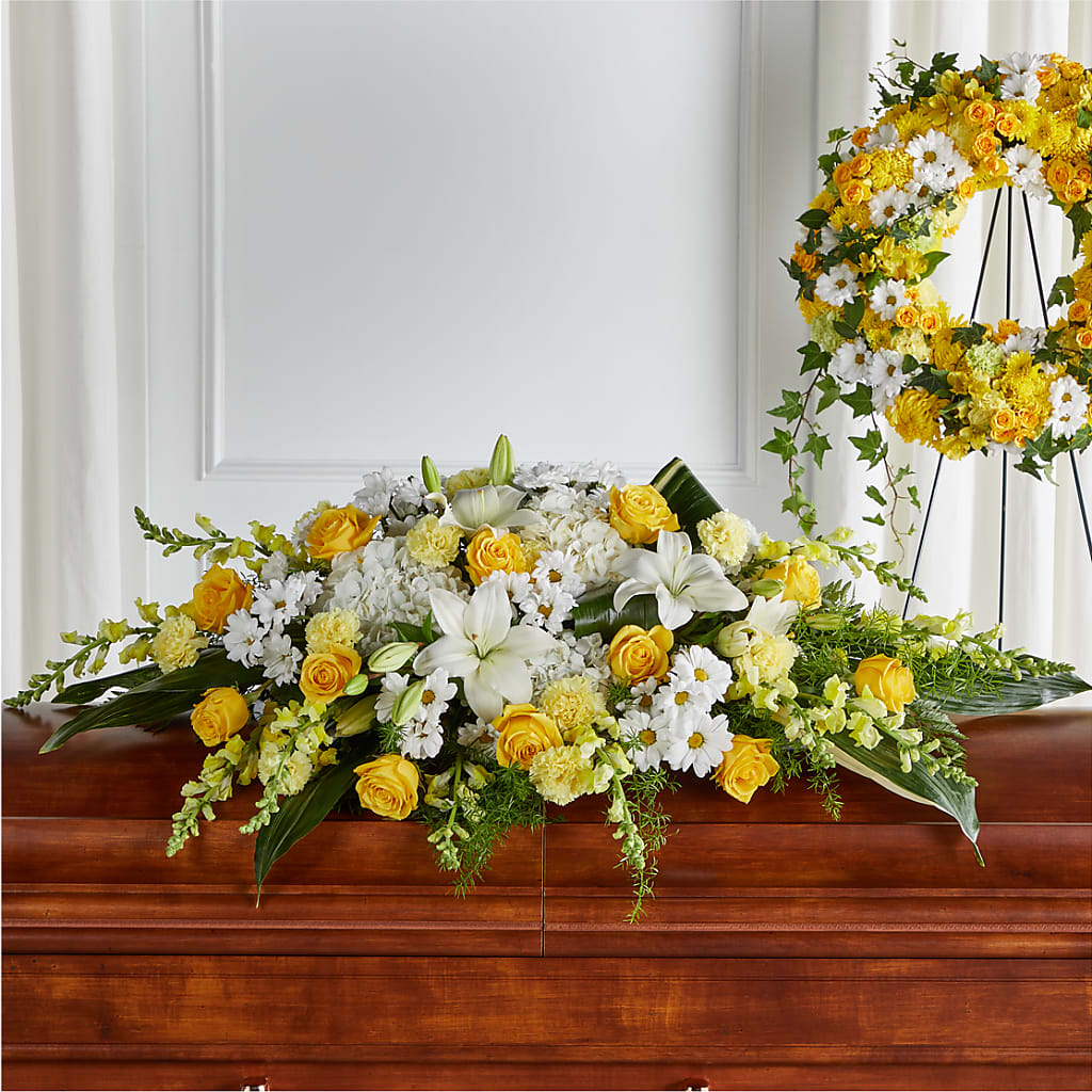 Golden Harmony Casket Spray – Forever Flowers, Fords NJ
