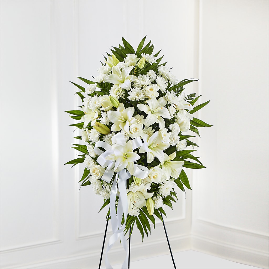 Exquisite Tribute Standing Spray-White Ribbon –  Forever Flowers, Fords NJ